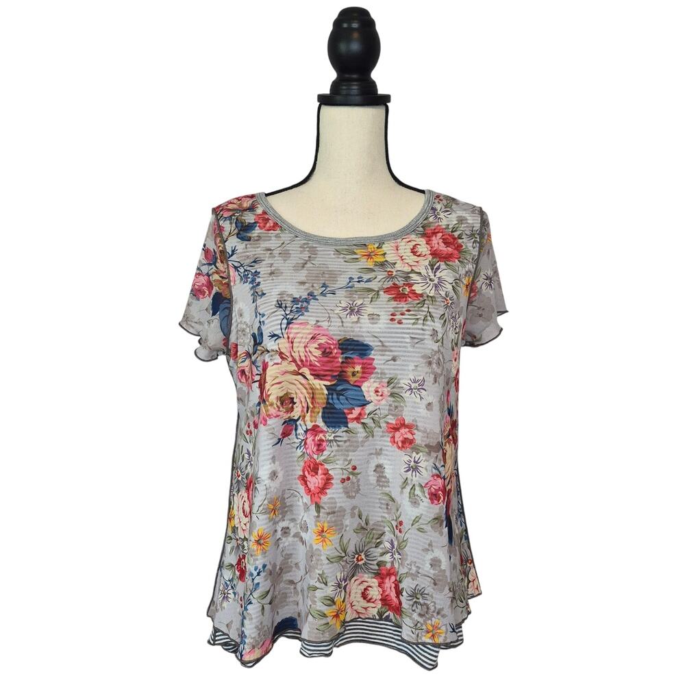 Sundance Ever Blooming Layered Top Floral Striped Mesh Overlay A-Line Gray sz M